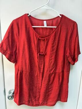 Womens Brick Red Asian Style Keyhole Top Empire Waist Short Sleeve Blouse Small